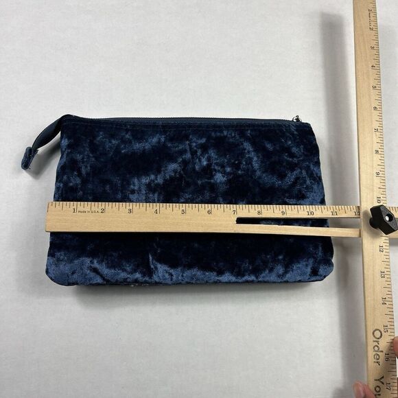 Isabella Scott Blue Velvet Clutch Cosmetic Bag 3 Zip Pockets Make-up Pouch FLAW - Picture 9 of 13